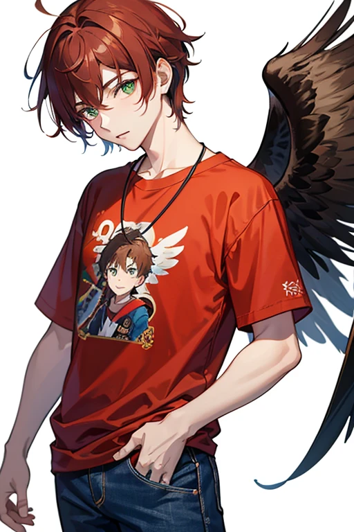 Xiao from Genshin Impact, boy, , messy reddish brown hair, green eyes, red t-shirt with black, white wings print, necklace with a golden cross, blue jeans, looking in profile directly at the viewer, white background