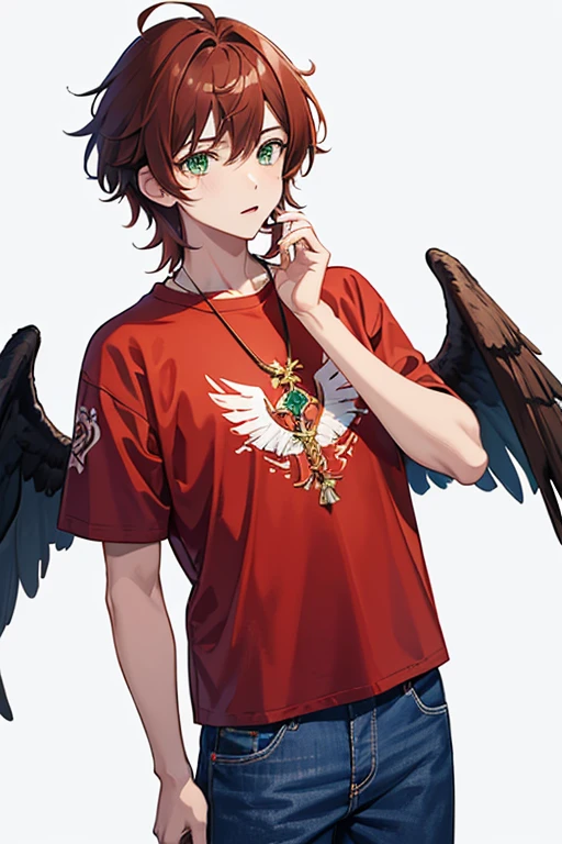 Xiao from Genshin Impact, boy, 16 years old, messy reddish brown hair, green eyes, red t-shirt with black, white wings print, necklace with a golden cross, blue jeans, looking in profile directly at the viewer, white background