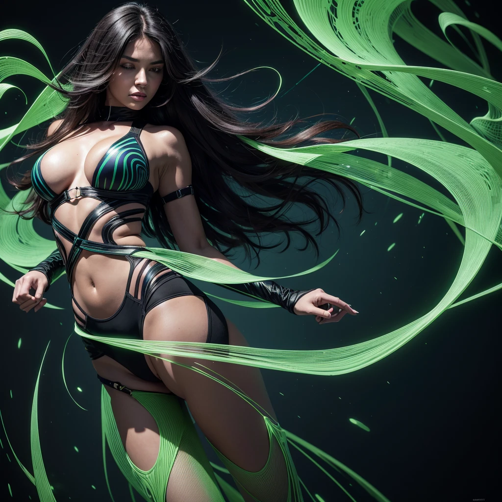 A captivating high-resolution digital illustration featuring a female figure emerging from intricate laser Doppler vibrometry patterns against a deep black background. The figure's form, a stunning representation of vibration and motion, is adorned with vibrant colorful interference patterns and velocity maps. Her core displays a striking contrast of reds and blues, gradually transitioning to greens and yellows at her extremities, mirroring vibrational modes. Her cascading hair forms interference fringes, and her facial features are shaped by variations in fringe density. The contour maps give her silhouette a striking topographic effect and a sense of movement. Ghostly wave propagation echoes in the background, signifying the ongoing energy transfer. The illustration masterfully combines 3D rendering software, vibrant color contrasts, scientific artistry, optical measurement precision, dynamic composition, artistic synthesis