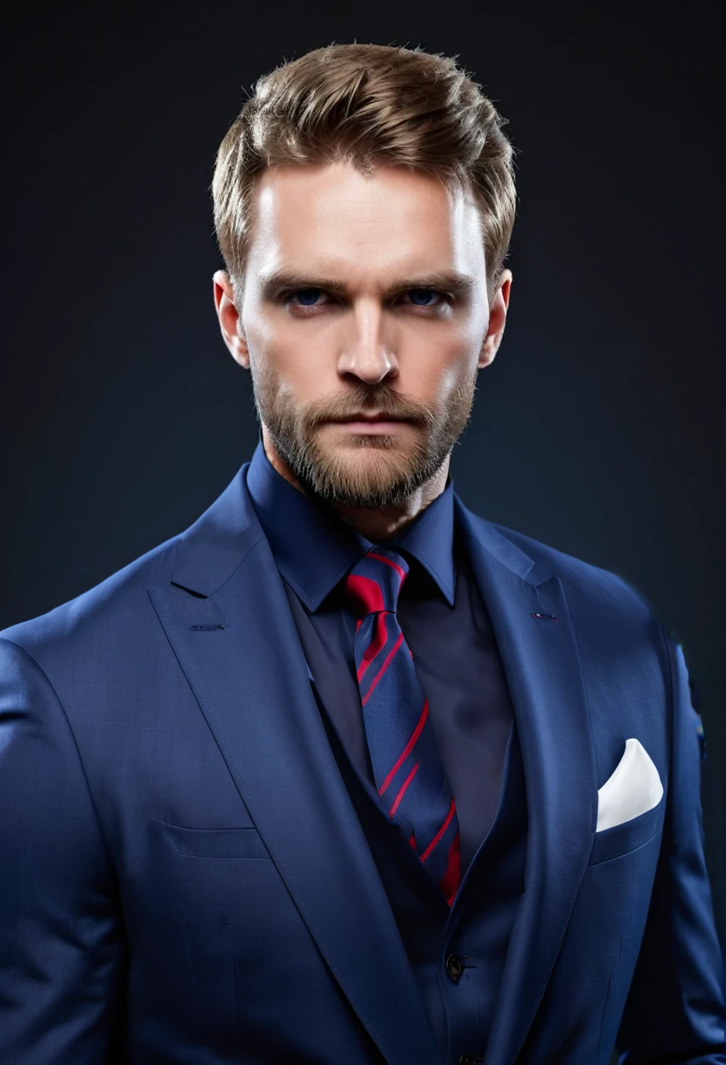 wearing bright blue indigo suit with white shirt and red tie, elegant, stylish, light colors, low saturation, bright colors