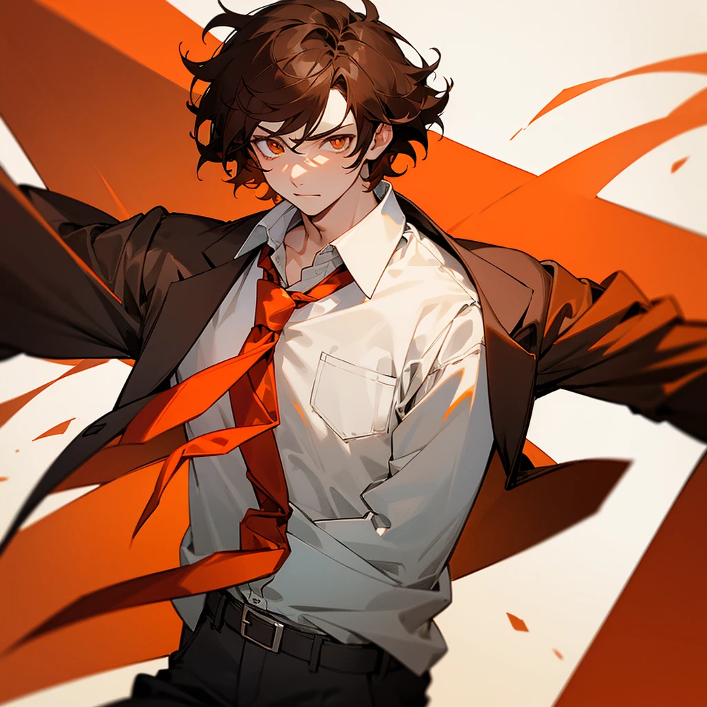 Boy, Brown hair, short messy hair, orange eyes. His consists of a white button-down shirt, gray pants, and a red tie. He always wears a black jacket.