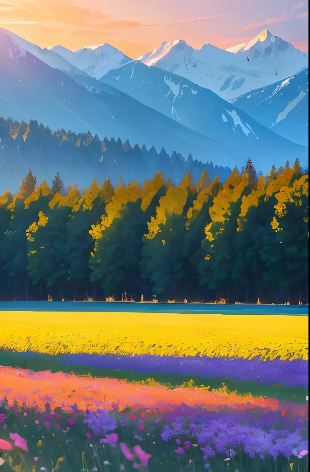 a view of a field of flowers with trees in the background, sunny meadow, summer meadow, meadow with flowers, the brilliant dawn on the meadow, serene field setting, meadow in the forest, southern wildflowers, spring early morning, in a meadow, summer morning light, field of flowers, an aesthetic field of flowers, at sunrise in springtime, meadow, springtime morning