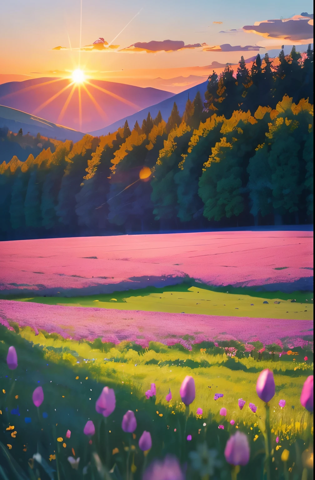a view of a field of flowers with trees in the background, sunny meadow, summer meadow, meadow with flowers, the brilliant dawn on the meadow, serene field setting, meadow in the forest, southern wildflowers, spring early morning, in a meadow, summer morning light, field of flowers, an aesthetic field of flowers, at sunrise in springtime, meadow, springtime morning