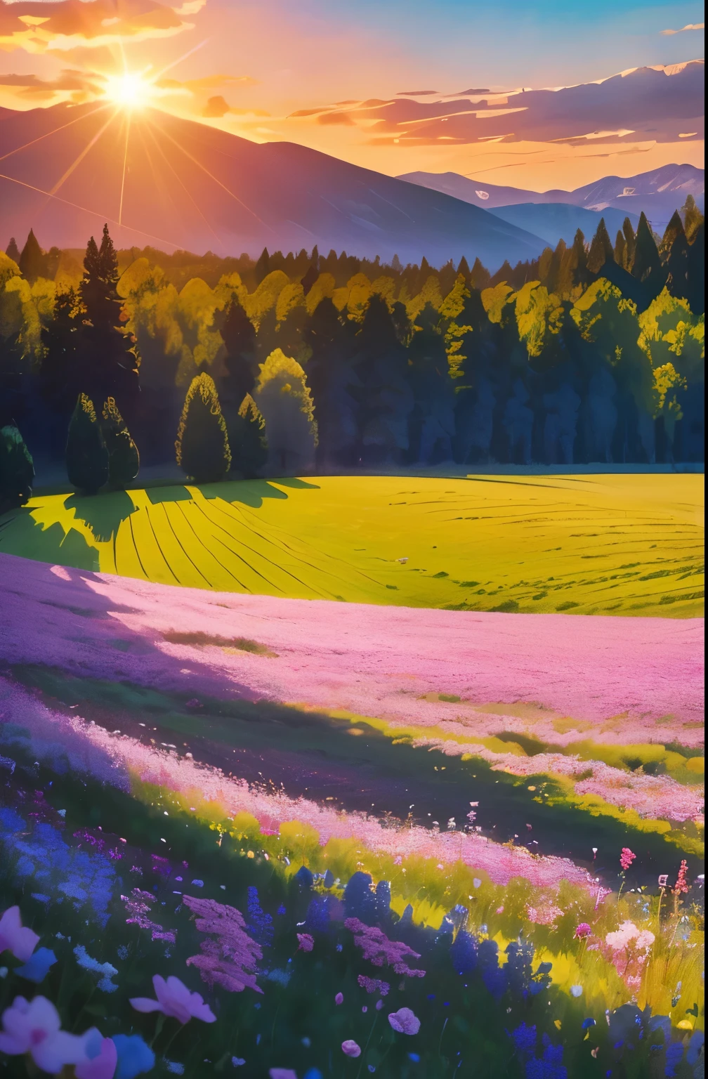 a view of a field of flowers with trees in the background, sunny meadow, summer meadow, meadow with flowers, the brilliant dawn on the meadow, serene field setting, meadow in the forest, southern wildflowers, spring early morning, in a meadow, summer morning light, field of flowers, an aesthetic field of flowers, at sunrise in springtime, meadow, springtime morning