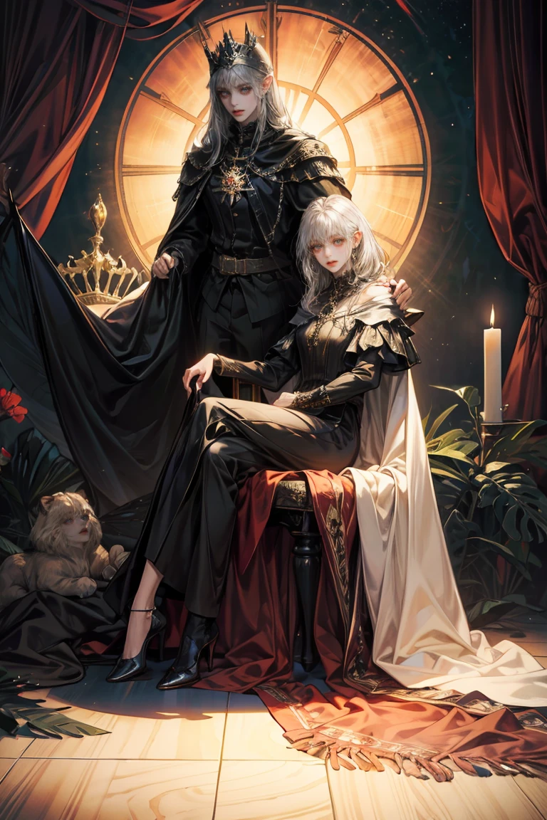 The image shows a majestic figure sitting on a dark throne, surrounded by dim red lights that accentuate the gloomy and mysterious atmosphere. The figure is dressed in an imposing black garment, that falls in elegant folds to the floor, radiating an air of royalty and power. The top part of the suit includes a plain cape that covers the shoulders and arms, Designed with intricate details that stand out under diffuse lighting. A pendant adorned with a dark crystal hangs from the figure's neck, suggesting elevated status and possible mastery over mysticism or the dark arts. The female figure has long silver hair that falls gently over her shoulders., contrasting dramatically with her dark outfit. Pointed ears add an elvish touch, suggesting a magical or supernatural inheritance. The posture of the figure, with one hand resting on the arm of the throne and the other holding a sharp object, conveys confidence and authority. The throne itself is a stunning work of art., carved from what appears to be a dark stone with gothic motifs and elaborate details that accentuate the mystical atmosphere. On each side of the throne, red candles flicker, casting disturbing shadows and increasing the esoteric atmosphere of the scene.