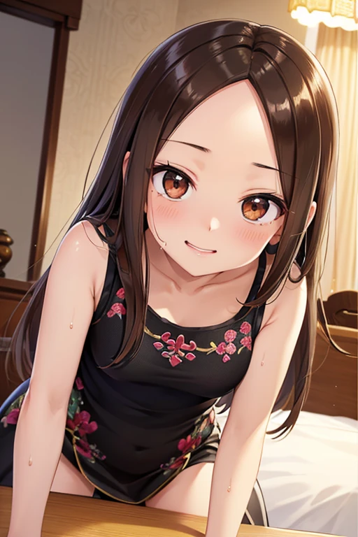 Takagi-san、Shiny brown hair, Long Hair,Forehead、Center part、 Beautiful brown eyes、smile、Sparkling eyes, (fine grain)、Very fine eye、Highly detailed face, Highly detailed eyes,


(masterpiece:1.3, Highest quality, 超High resolution, Super detailed), Cowboy Shot、 One woman，Highest quality, masterpiece, High resolution, 


Tabletop,Highest quality,High resolution,The finer details,
blush,curve,Beautiful breasts,Sweat,Oily skin,(A black sleeveless Chinese mini dress with vibrant embroidery),(Luxury hotel room)、、Embarrassed laugh、Slouching and stretching the bottom、Absolute area