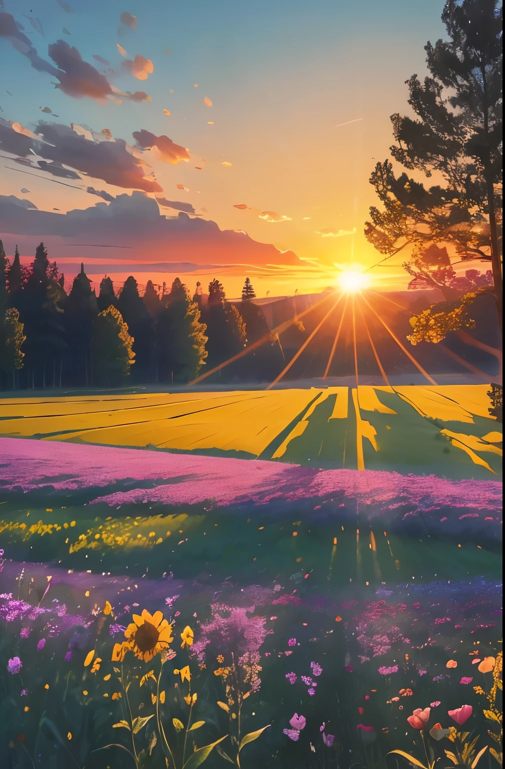 a view of a field of flowers with trees in the background, sunny meadow, summer meadow, meadow with flowers, the brilliant dawn on the meadow, serene field setting, meadow in the forest, southern wildflowers, spring early morning, in a meadow, summer morning light, field of flowers, an aesthetic field of flowers, at sunrise in springtime, meadow, springtime morning