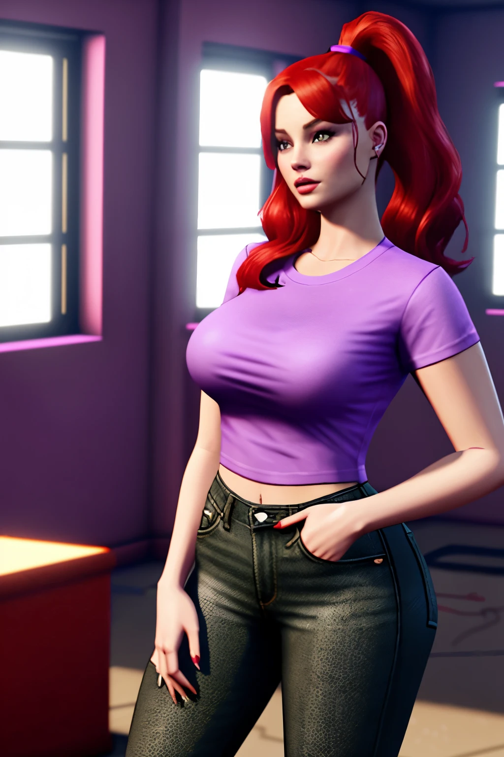 curvy woman with red hair and a purple shirt standing in a room, ariana grande no gta v, like a GTAV character, gta character v, gta character, gta v street style, GTA5 style, margot robbie no gta v, style of gta v, no gta v, inspirado em Mary Jane Begin, realistic clothing, estilo gta V
