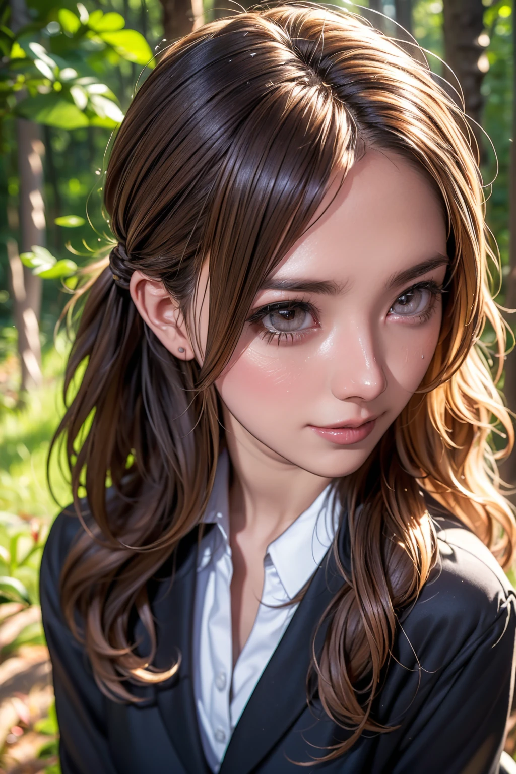 Realistic, masterpiece, Highest quality, Highest Resolution, High Detail, Soft Light, Professional Lighting, Backlight, Film Grain, The background is blurred, Japanese , (The subject was photographed from above at an angle, The model does not look at the camera:1.3), 16 years old, Upper body photo, Looks sleepy, inattention, Grinning, Open your mouth, Beautiful and detailed eye drawing, (Droopy eyes:1.3), Dark Eyes, Thin eyebrows, Draw eyelashes carefully, Eyelash extensions, Gal Makeup, Orange Cheek, (White brown wavy hair, Long Hair, Hair tied back, middle part:1.3), (Hidden eyelid wrinkles:1.3), (Gothic uniform:1.2), (Summer forest:1.3), (Face close-up:1.2)