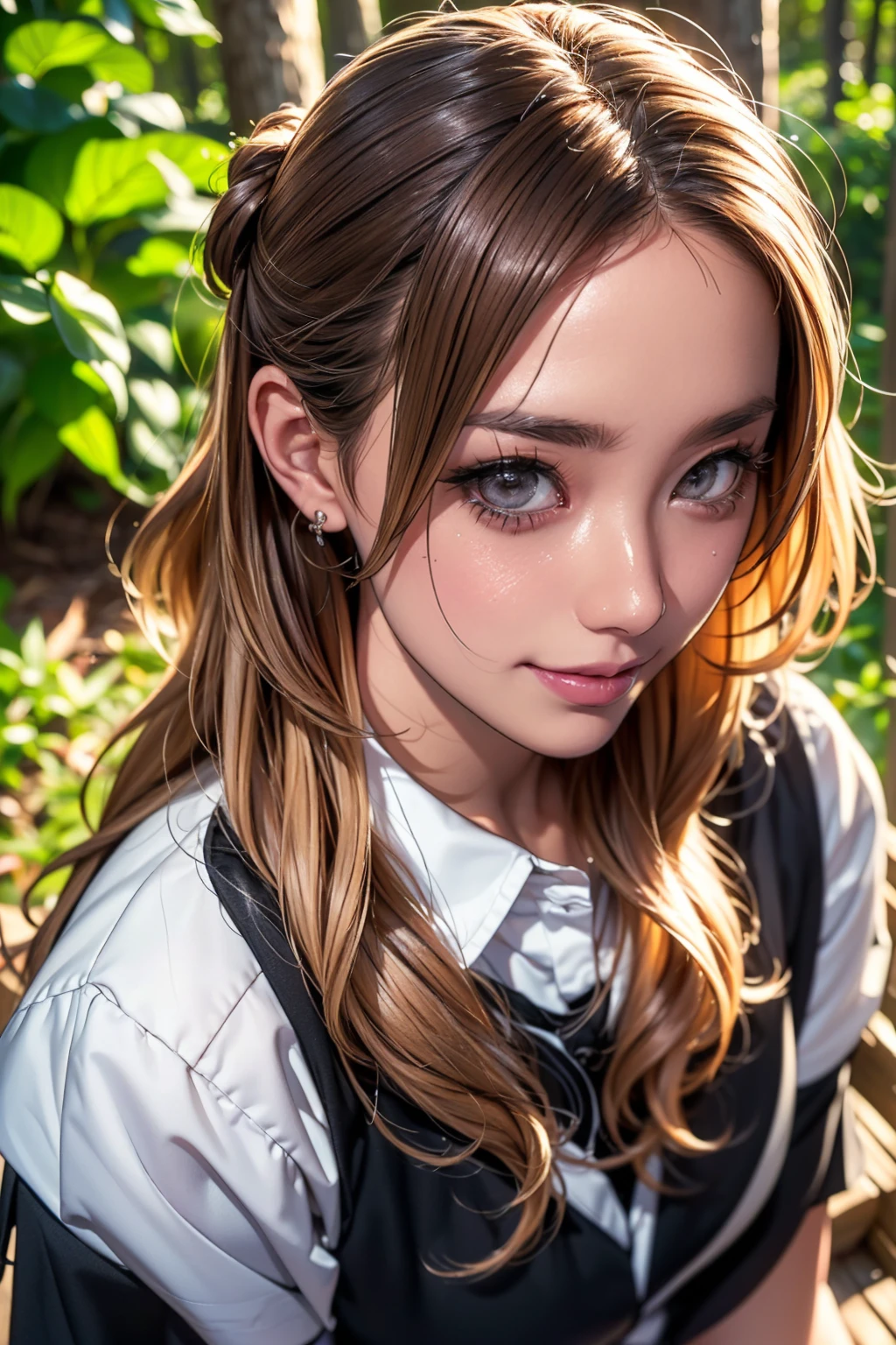 Realistic, masterpiece, Highest quality, Highest Resolution, High Detail, Soft Light, Professional Lighting, Backlight, Film Grain, The background is blurred, Japanese , (The subject was photographed from above at an angle, The model does not look at the camera:1.3), 16 years old, Upper body photo, Looks sleepy, inattention, Grinning, Open your mouth, Beautiful and detailed eye drawing, (Droopy eyes:1.3), Dark Eyes, Thin eyebrows, Draw eyelashes carefully, Eyelash extensions, Gal Makeup, Orange Cheek,  (White brown wavy hair, Long Hair, Hair tied back, middle part:1.3), (Hidden eyelid wrinkles:1.3), (Gothic uniform:1.2), (Summer forest:1.3), (Face close-up:1.2)