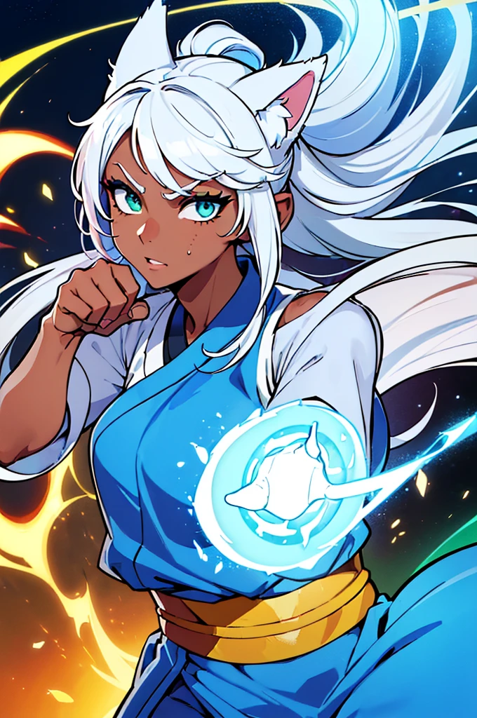 1girl, blood, light particles, light rays, wallpaper, high contrast, colorful,(looking at viewer, upper body), (wolf_ears, wolf_tail):1.7, (big_eyes, green_eyes, dark_skin, athletic_body), (fierce_look), (long_hair, white_hair, japanese_hairstyle, undercut_hair), ((((fighting_pose, fighting_stance, fighting, magic_attack, magic_aura, aura)))), (chinese fantasy outfit, fighter outfit, blue_pants, lightblue and yellow clothes, tribal_clothes, bandages on forearms, bandages on forelegs), (monk_girl), (summoner_girl)