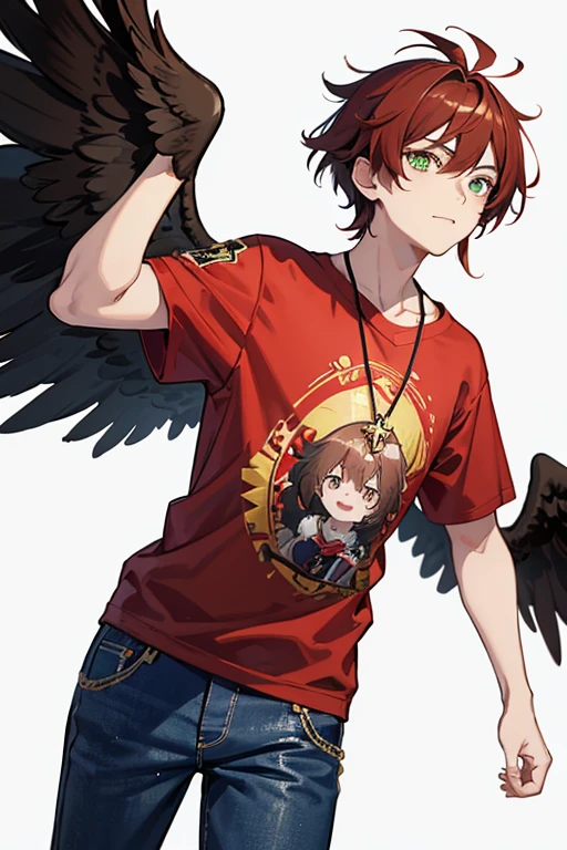 Xiao from Genshin Impact, boy, 16 years old, messy reddish brown hair, green eyes, red t-shirt with black, black and white wings print, necklace with a gold cross, blue jeans, looking in profile directly at the viewer, white background