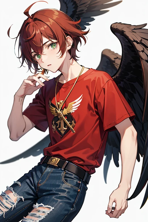 Xiao from Genshin Impact, boy, 16 years old, messy reddish brown hair, green eyes, red t-shirt with black, black and white wings print, necklace with a gold cross, blue jeans, looking in profile directly at the viewer, white background