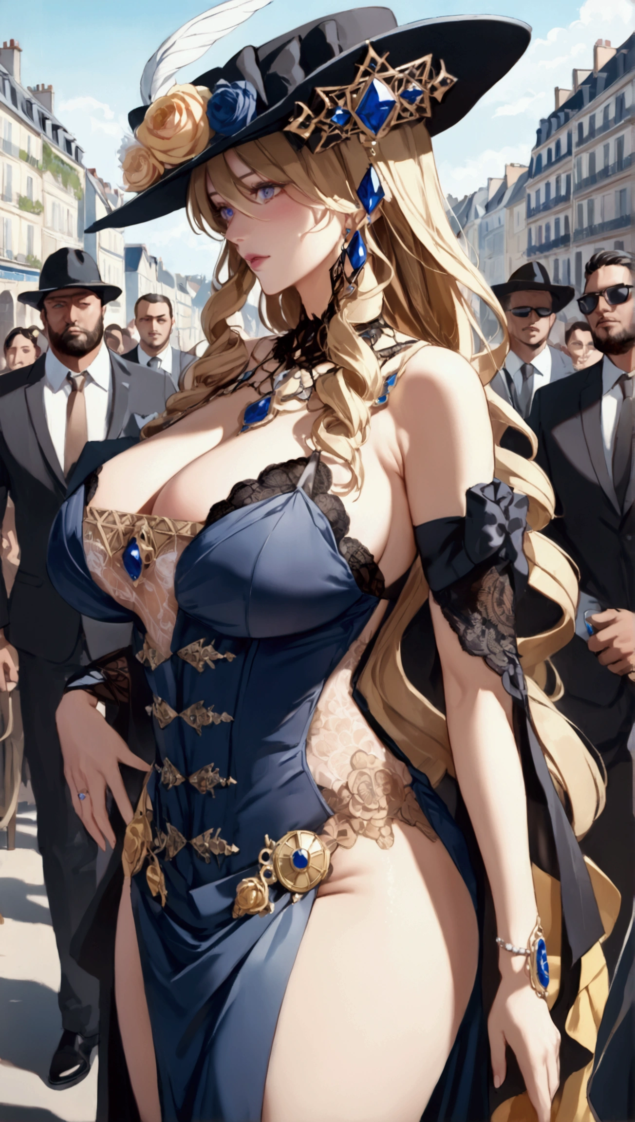 anime, ultra detailed, hyper detailed, best quality, highres, 4K, master piece, 1 female, 28-year-old, Navia, sexy lingerie, gigantic, huge breast, France city, crowded, (accompanied by female bodyguards),