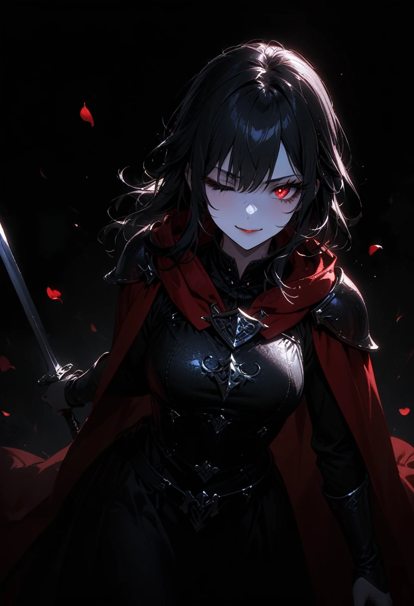 (full body portrait), 1girl, solo, (holding weapon), sword, (long black hair), detailed face, mischief expression, smirk, (close one eye), pale white skin, red eyes, (detailed eyes), long eyelashes, black eye liner, red lipstick, black tunic, red hoodie cloak, long dress, leather glove, (chest armor), (standing pose) moonlight, hard lighting, blue light, cold light, ((rose pedals falling)), (medieval theme), (masterpiece), super detailed, best quality, POV, dw01-3400