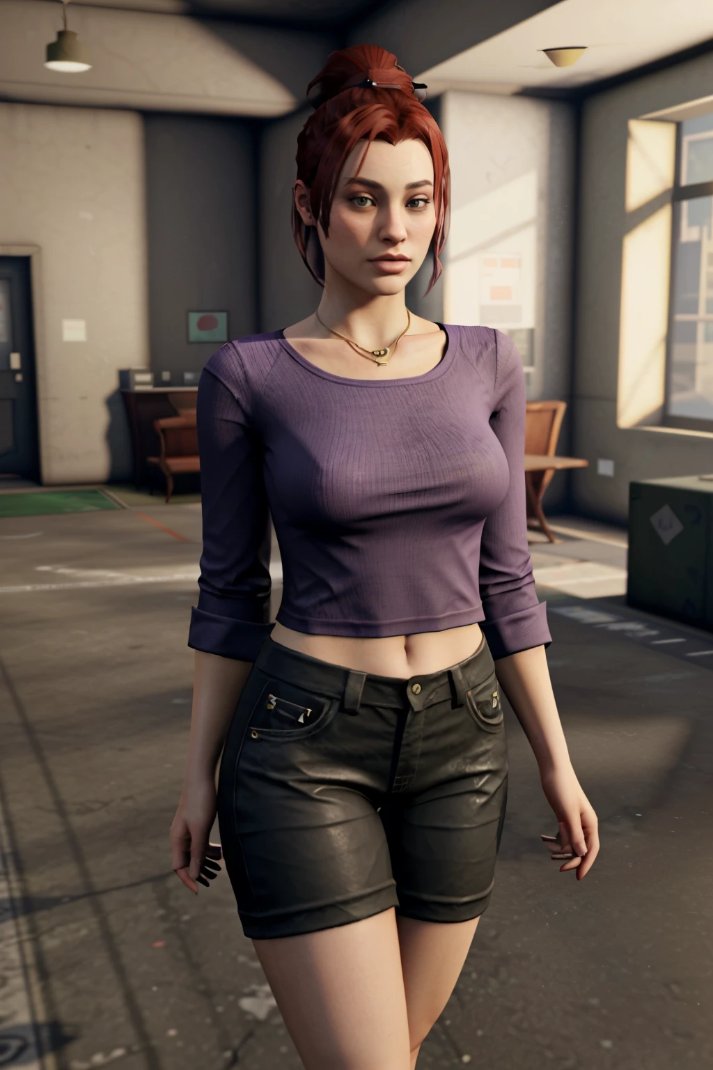 curvy woman with red hair and a purple shirt standing in a room, ariana grande no gta v, like a GTAV character, gta character v, gta character, gta v street style, GTA5 style, margot robbie no gta v, style of gta v, no gta v, inspirado em Mary Jane Begin, realistic clothing, estilo gta V