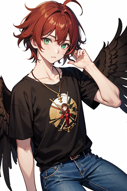 Xiao from Genshin Impact, boy, 16 years old, messy reddish brown hair, green eyes, red t-shirt with black, black and white wings print, necklace with a gold cross, blue jeans, looking in profile directly at the viewer, white background
