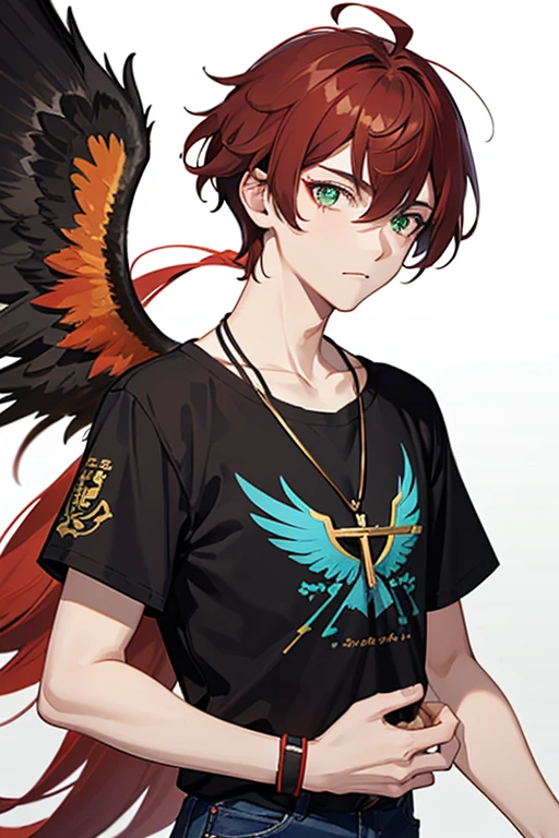 Xiao from Genshin Impact, boy, 16 years old, messy reddish brown hair, green eyes, red t-shirt with black, black and white wings print, necklace with a gold cross, blue jeans, looking in profile directly at the viewer, white background