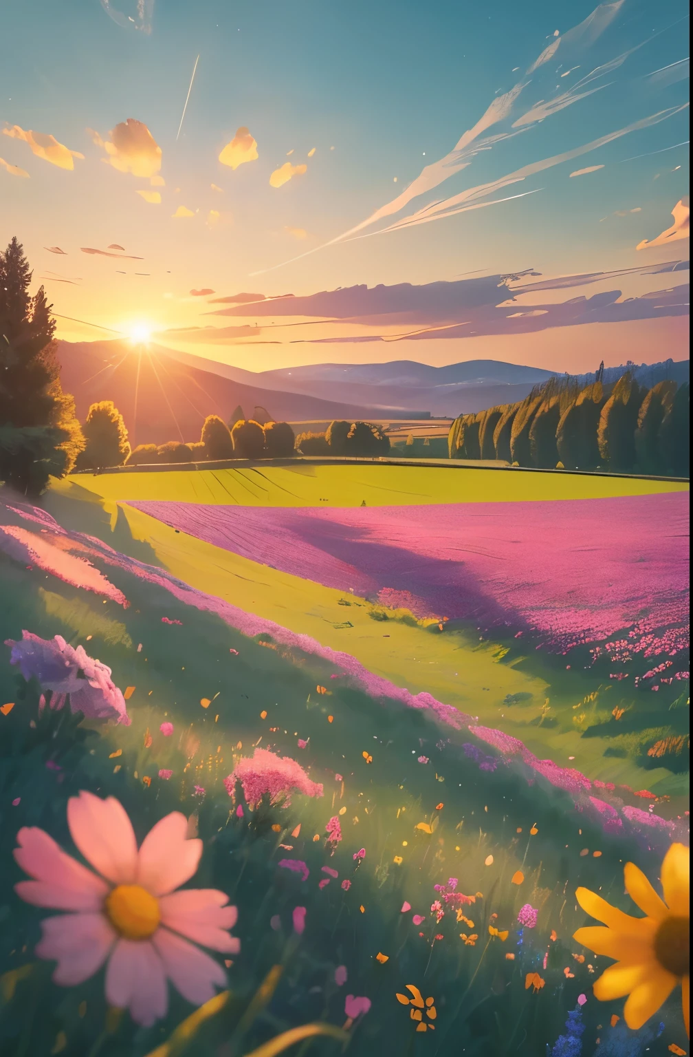 a view of a field of flowers with trees in the background, sunny meadow, summer meadow, meadow with flowers, the brilliant dawn on the meadow, serene field setting, meadow in the forest, southern wildflowers, spring early morning, in a meadow, summer morning light, field of flowers, an aesthetic field of flowers, at sunrise in springtime, meadow, springtime morning
