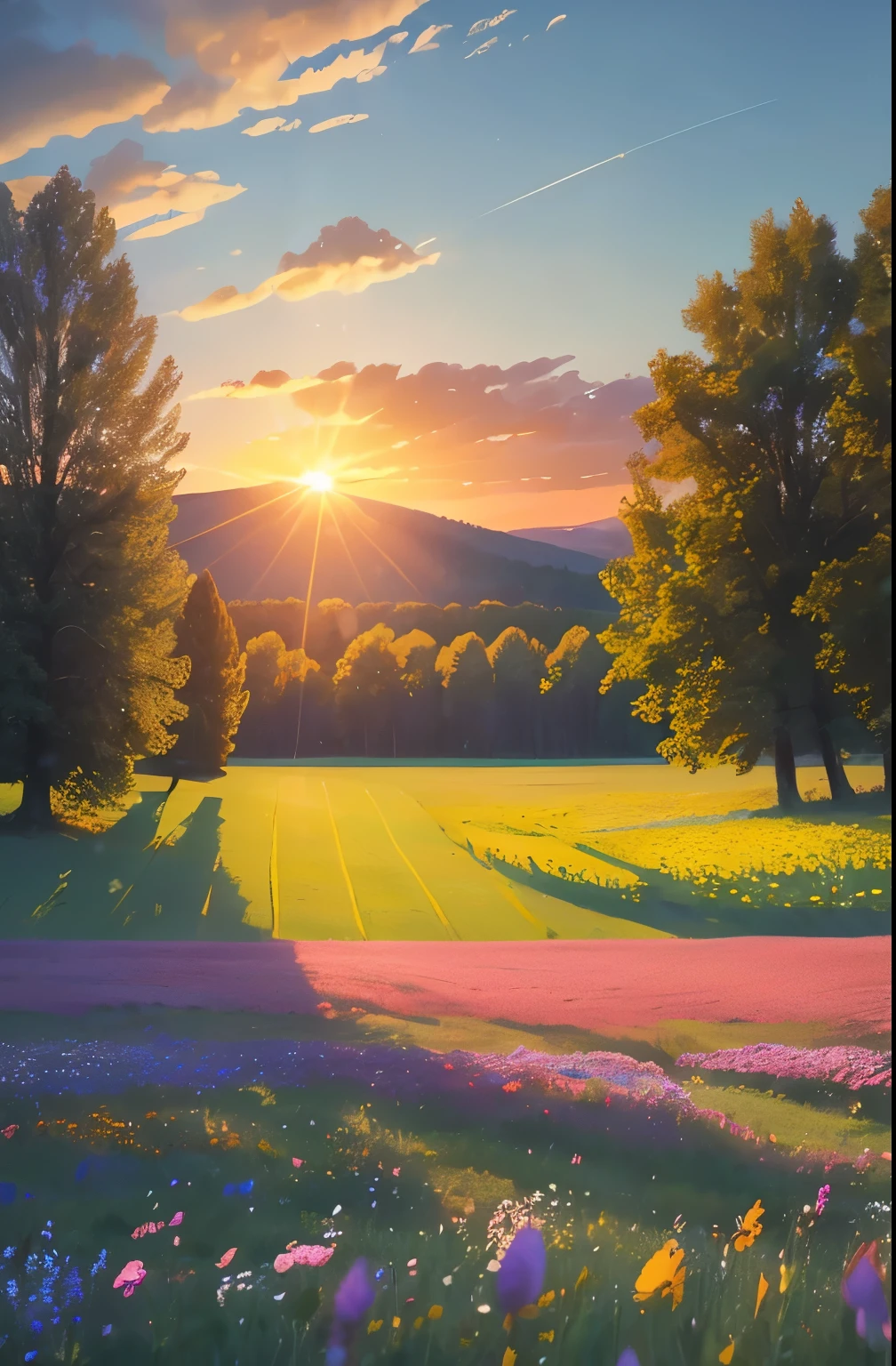 a view of a field of flowers with trees in the background, a picture by Juergen von Huendeberg, pexels, renaissance, sunny meadow, summer meadow, meadow with flowers, the brilliant dawn on the meadow, serene field setting, meadow in the forest, southern wildflowers, spring early morning, in a meadow, summer morning light, field of flowers