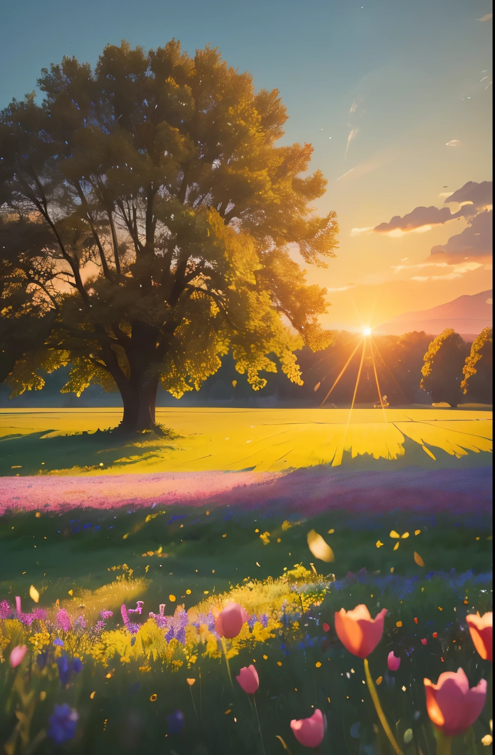 a view of a field of flowers with trees in the background, sunny meadow, summer meadow, meadow with flowers, the brilliant dawn on the meadow, serene field setting, meadow in the forest, southern wildflowers, spring early morning, in a meadow, summer morning light, field of flowers, an aesthetic field of flowers, at sunrise in springtime, meadow, springtime morning
