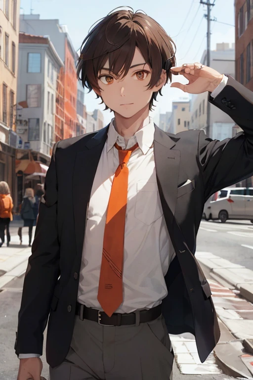 Brown hair, short messy hair, orange eyes. His  consists of a white button-down shirt, gray pants, and a red tie. He always wears a black jacket.