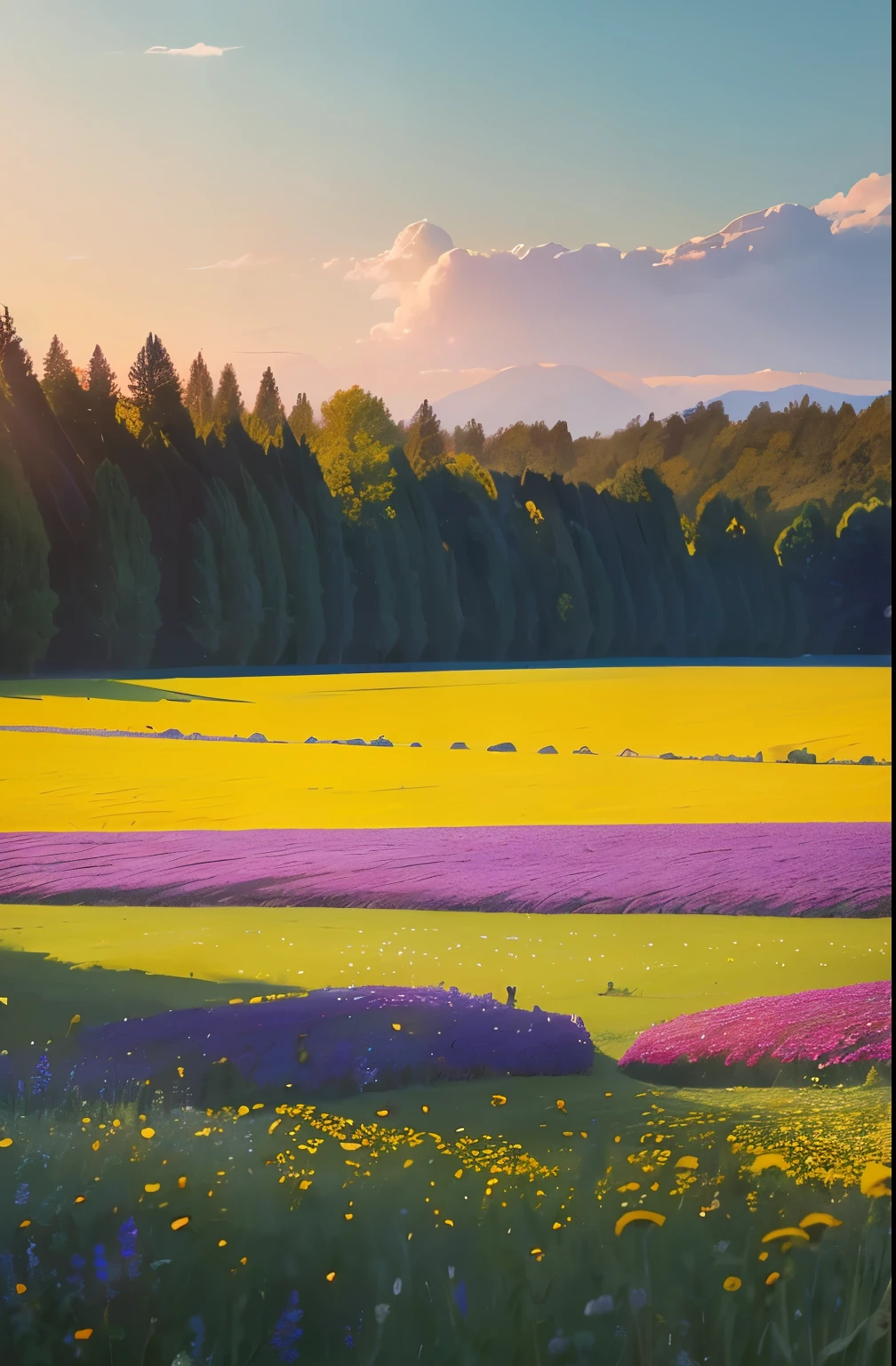 a view of a field of flowers with trees in the background, sunny meadow, summer meadow, meadow with flowers, the brilliant dawn on the meadow, serene field setting, meadow in the forest, southern wildflowers, spring early morning, in a meadow, summer morning light, field of flowers, an aesthetic field of flowers, at sunrise in springtime, meadow, springtime morning