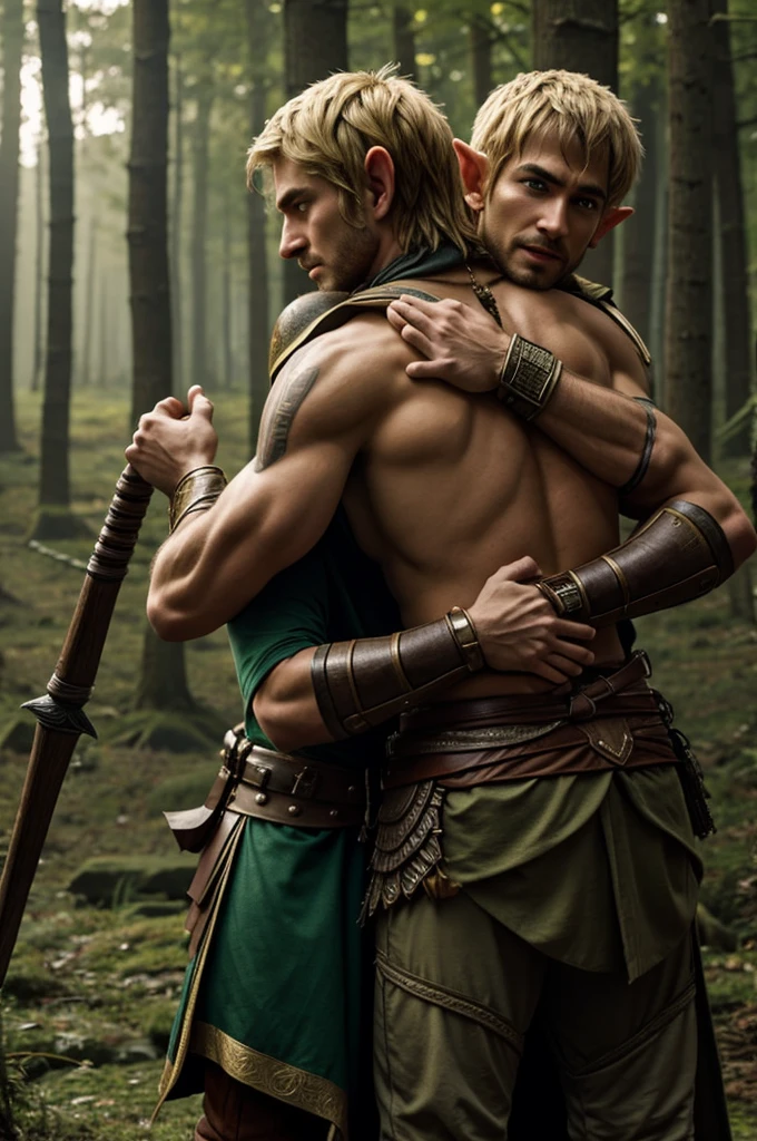 A male elf was hugged from behind by a male warrior.