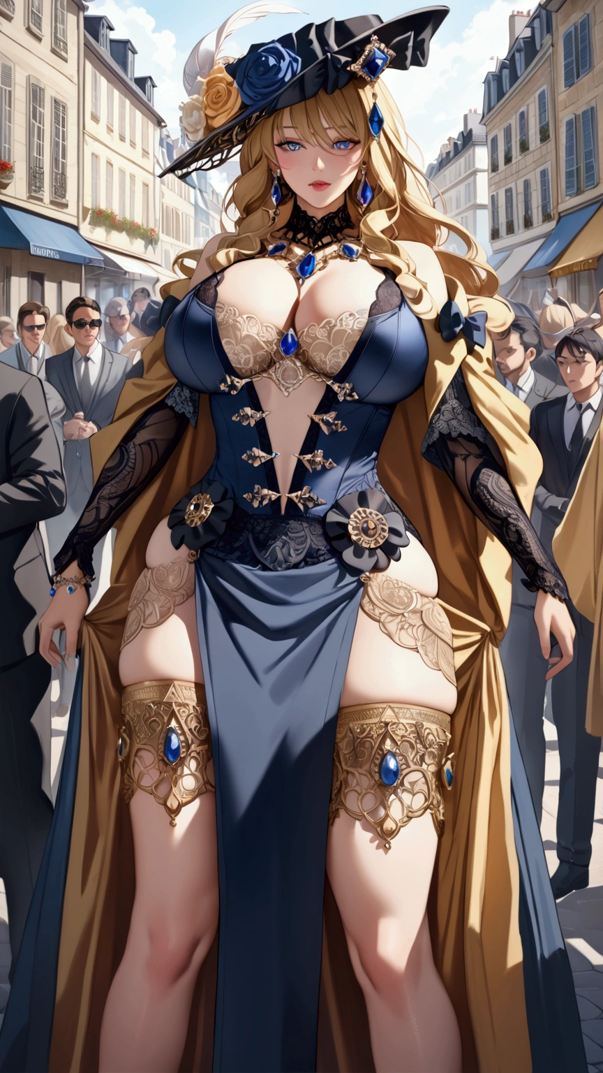anime, ultra detailed, hyper detailed, best quality, highres, 4K, master piece, 1 female, 28-year-old, Navia, sexy lingerie, gigantic, huge breast, France city, crowded, (accompanied by female bodyguards),