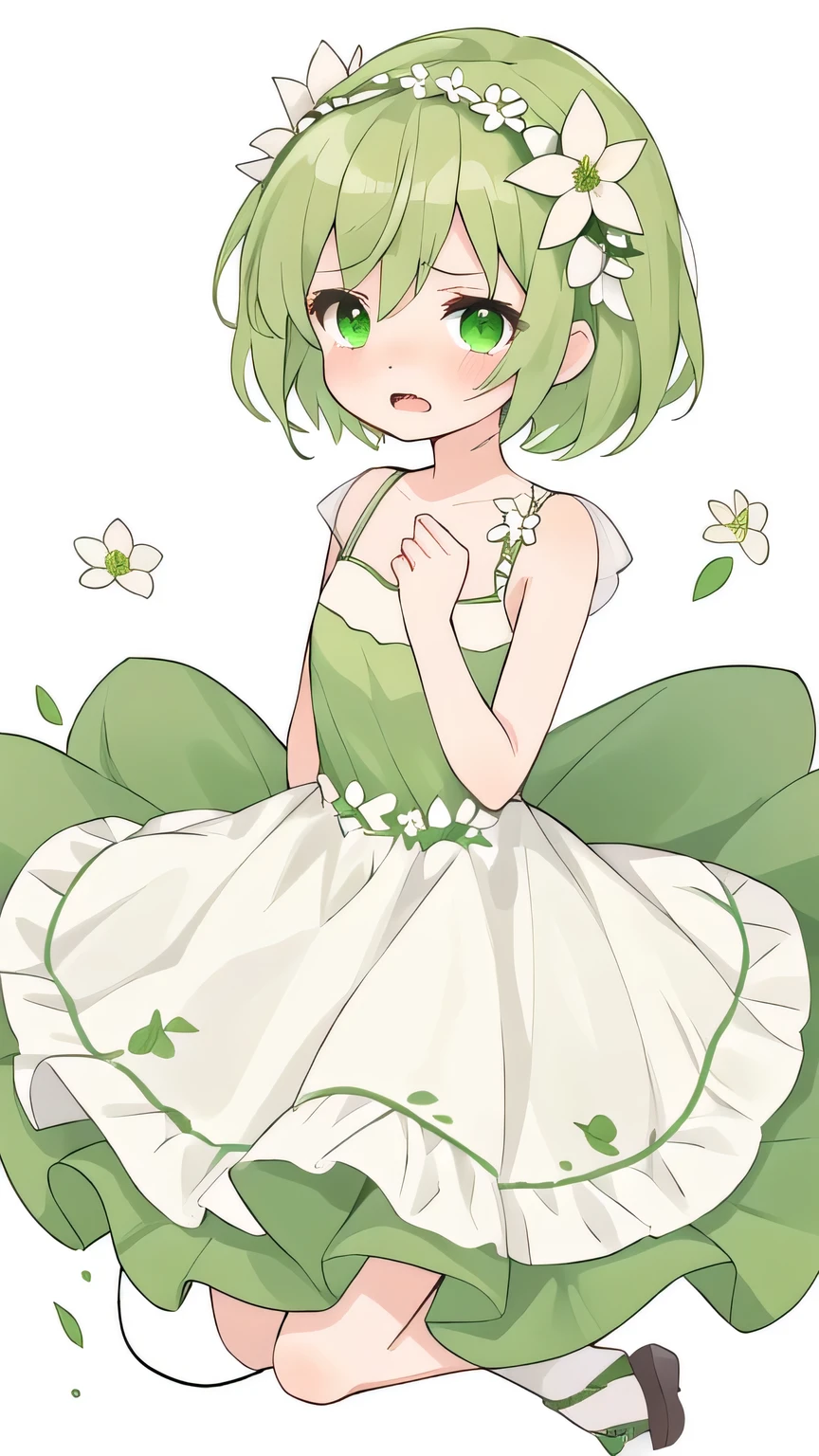 Green short hair full body picture, Green Eyes, Small white flower hair accessories , Green Dress , short and small , cry , 1 girl ,White background 