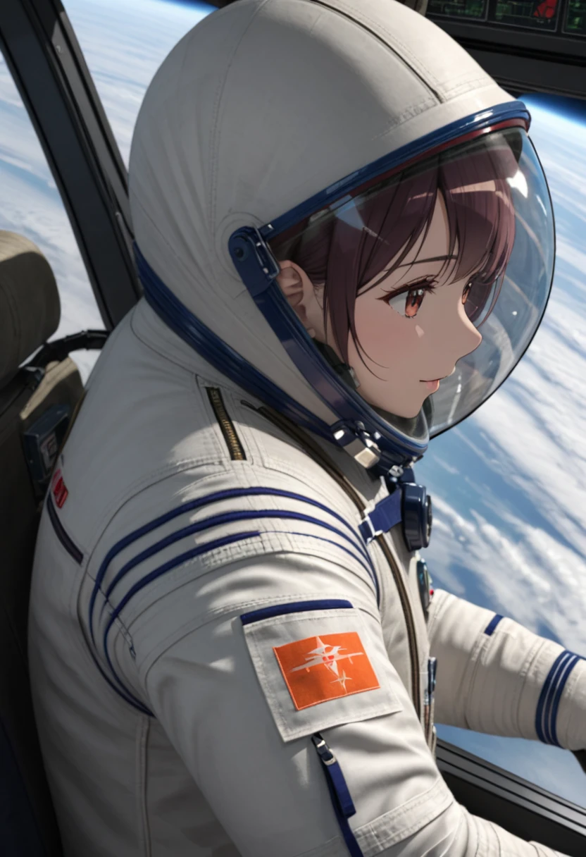 ((Female pilot in the cockpit of a reconnaissance plane), (airplane cockpit), (in flight), (10000 feet altitude)、(sky view):1.7),, short hair, street, emo, BLACK hair, white eyes, eyeliner, apocalypse, girl, nside the (cockpit:1.9) of a (futuristic spaceship:1.6), , blush,sitting on a chair, covered navel, space helmet, space helm, plug suit , space helmet, eva helm, space suit, short hair, spacesuit, astronaut
from side