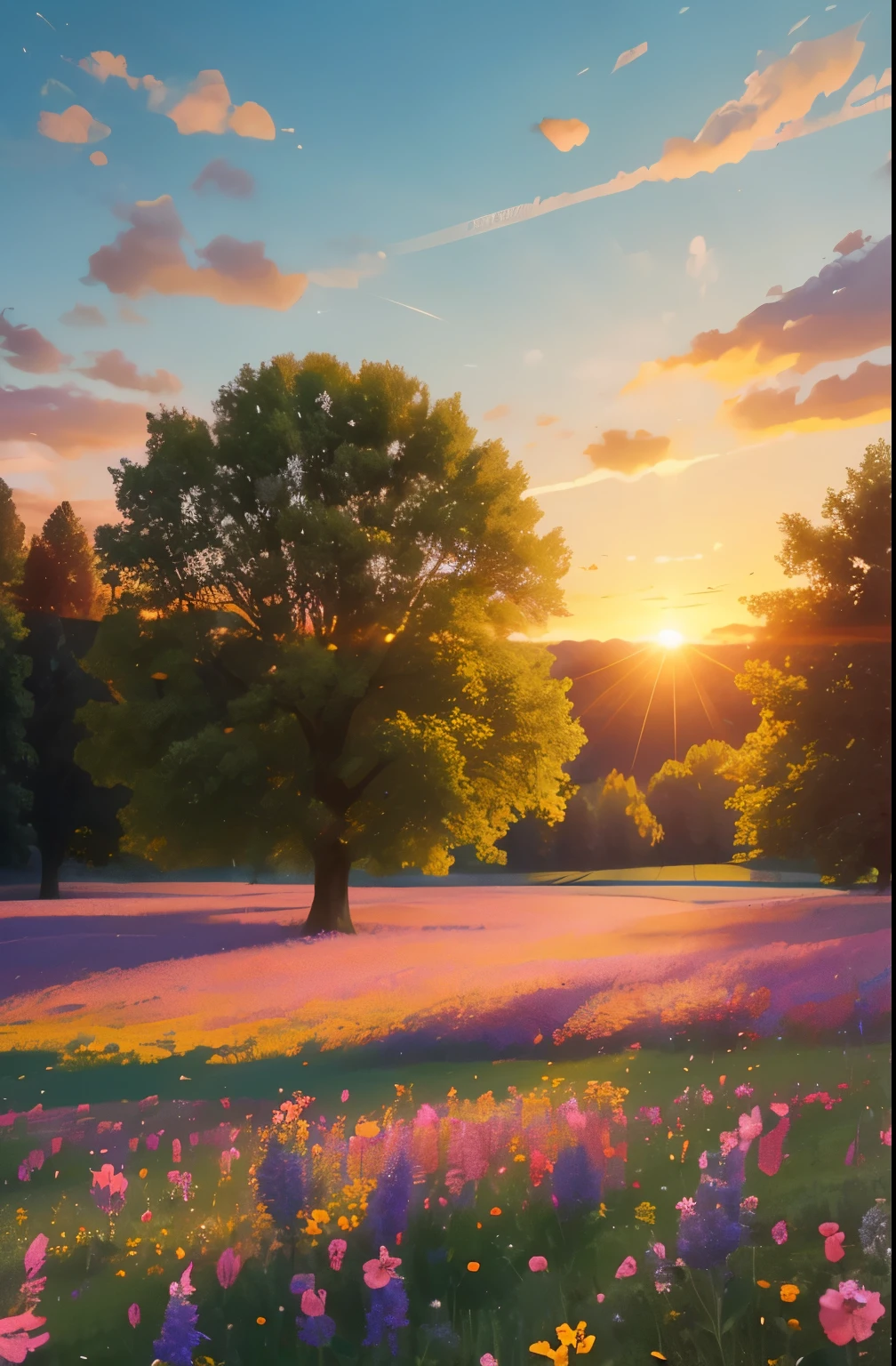 a view of a field of flowers with trees in the background, sunny meadow, summer meadow, meadow with flowers, the brilliant dawn on the meadow, serene field setting, meadow in the forest, southern wildflowers, spring early morning, in a meadow, summer morning light, field of flowers, an aesthetic field of flowers, at sunrise in springtime, meadow, springtime morning