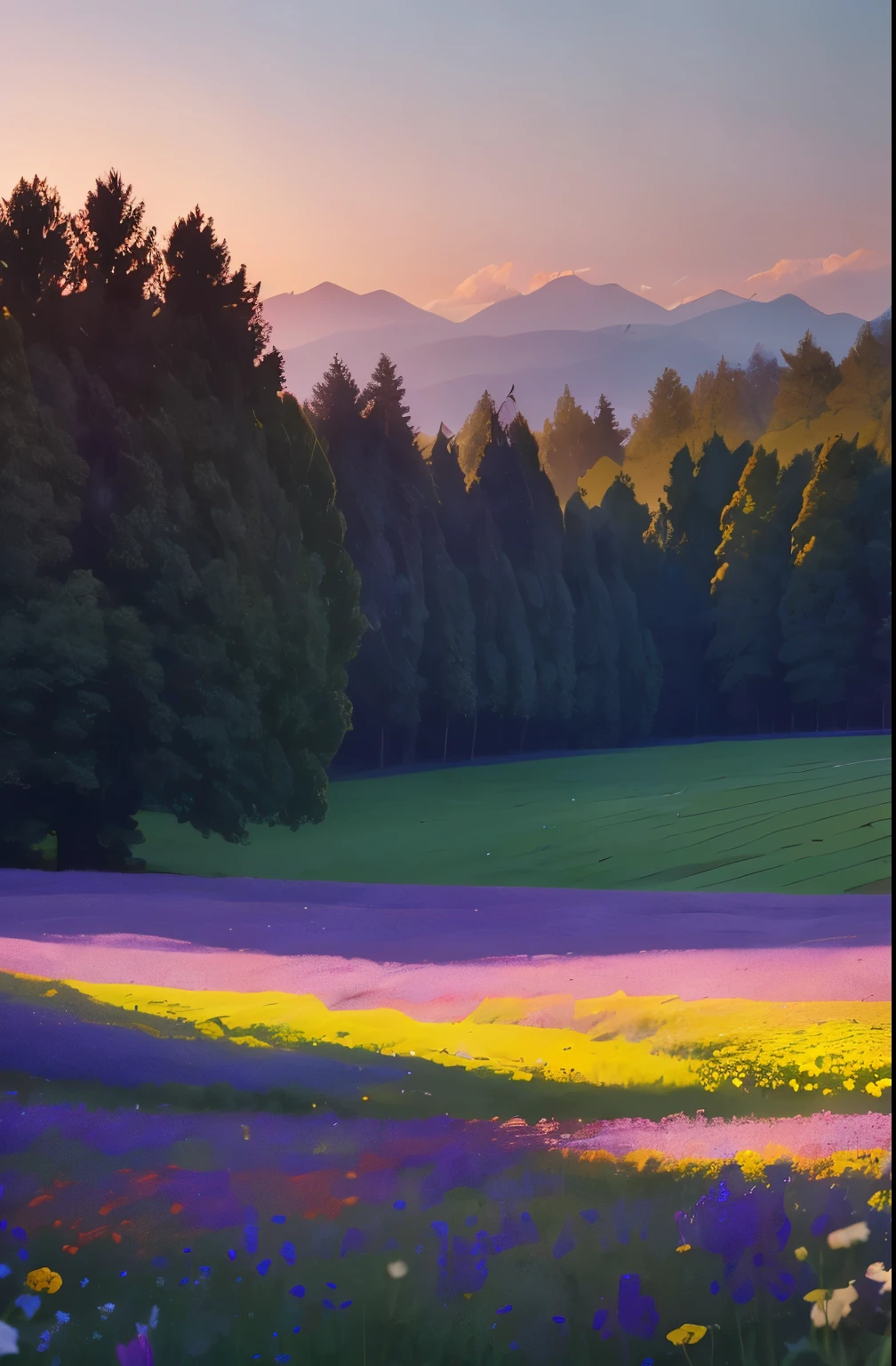 a view of a field of flowers with trees in the background, a picture by Juergen von Huendeberg, pexels, renaissance, sunny meadow, summer meadow, meadow with flowers, the brilliant dawn on the meadow, serene field setting, meadow in the forest, southern wildflowers, spring early morning, in a meadow, summer morning light, field of flowers