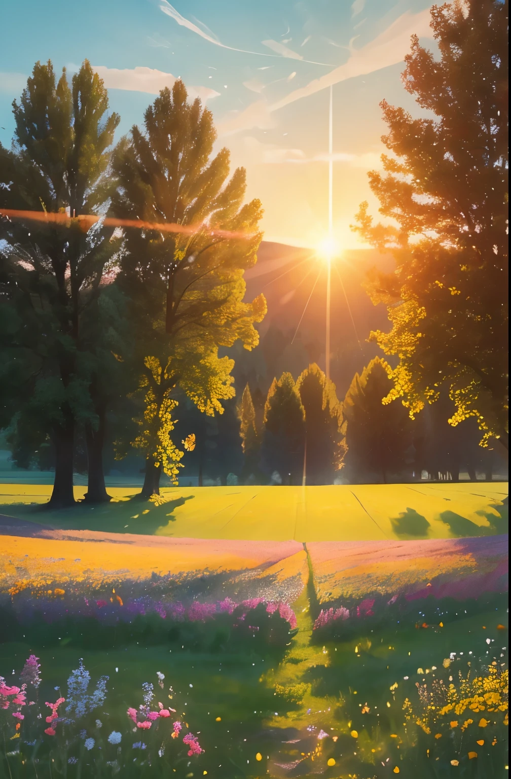 a view of a field of flowers with trees in the background, sunny meadow, summer meadow, meadow with flowers, the brilliant dawn on the meadow, serene field setting, meadow in the forest, southern wildflowers, spring early morning, in a meadow, summer morning light, field of flowers, an aesthetic field of flowers, at sunrise in springtime, meadow, springtime morning
