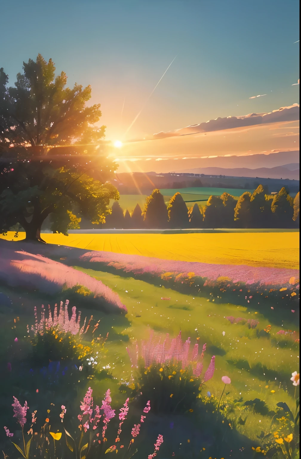 a view of a field of flowers with trees in the background, a picture by Juergen von Huendeberg, pexels, renaissance, sunny meadow, summer meadow, meadow with flowers, the brilliant dawn on the meadow, serene field setting, meadow in the forest, southern wildflowers, spring early morning, in a meadow, summer morning light, field of flowers