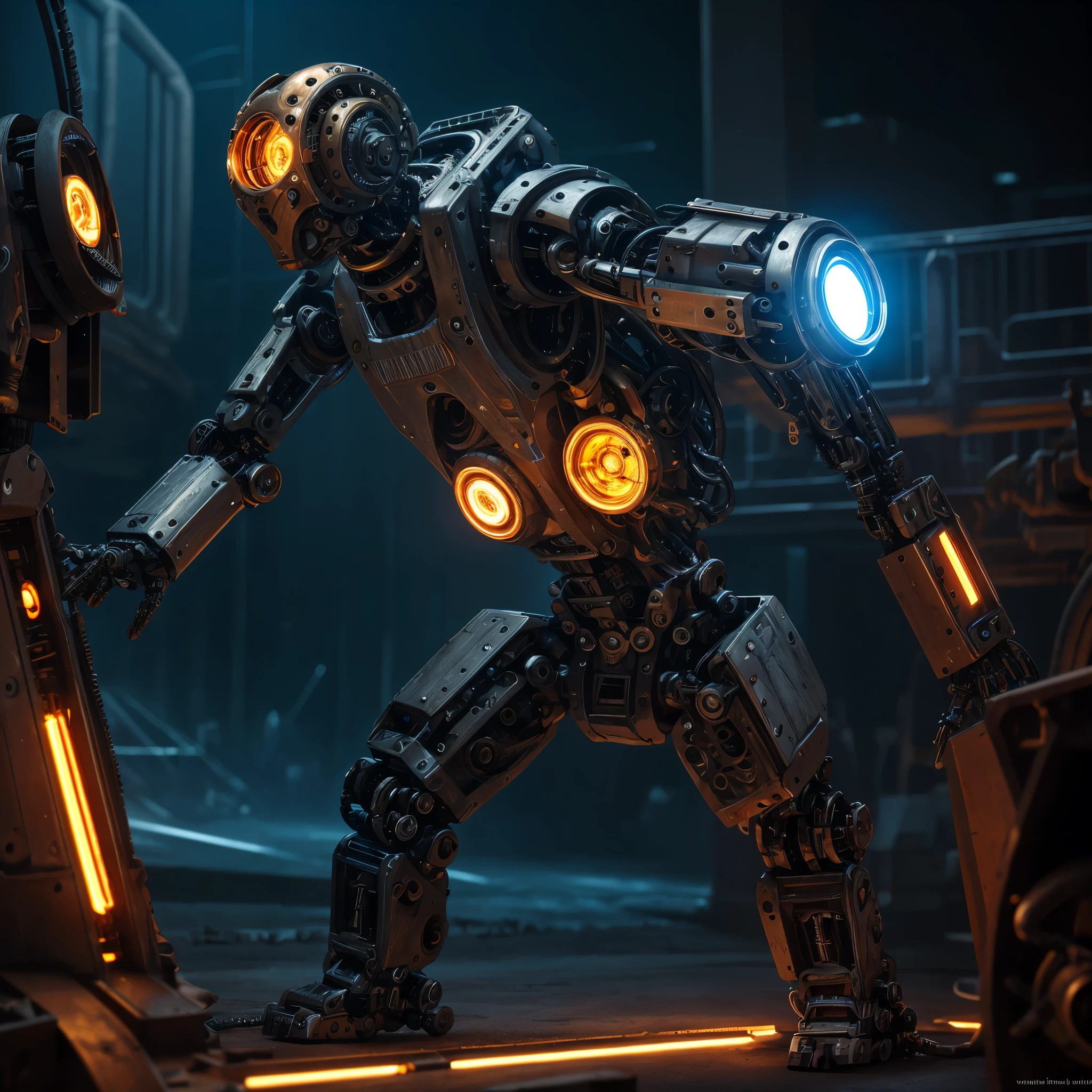 a highly detailed mechanical creature, steampunk-inspired mechanical humanoid robot, intricate metal gears and cogs, weathered brass and copper parts, glowing blue energy core, complex internal mechanisms, glowing futuristic displays, advanced cybernetic design, industrial sci-fi aesthetic, cinematic dramatic lighting, dark moody color palette, hyper-realistic 8k render, photorealistic, masterpiece