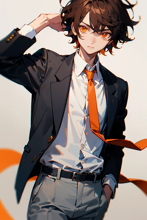  Brown hair, short messy hair, orange eyes. His  consists of a white button-down shirt, gray pants, and a red tie. He always wears a black jacket.