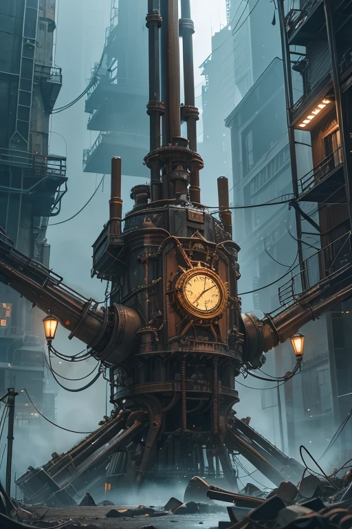 Mechanical Spider creature, gears, wires, metal plating, clock gears, electric wires, eight mechanical limbs, industrial body, metal skin, electricity, detailed face features, eight bronze light eyes, copper tubing, steam powered, photorealistic, 8k, high resolution, 