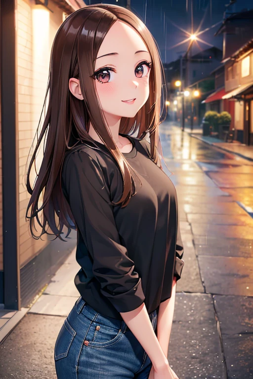 Takagi-san、Shiny brown hair, Long Hair,Forehead、Center part、 Beautiful brown eyes、smile、Sparkling eyes, (fine grain)、Very fine eye、Highly detailed face, Highly detailed eyes,
(masterpiece:1.3, Highest quality, 超High resolution, Super detailed), Cowboy Shot、 One woman,Highest quality, masterpiece, High resolution,
Back alley in heavy rain,Black crop shirt,Denim pants,
,(Princess face composition,Big eyes,Pointed lips,Red lipstick,Cute round face,見る人を幸せにするsmile,blush with embarrassment,blush,),(Bold Pose,(8K quality,Tabletop,Highest quality,超High resolution出力画像,),Intricate details,(Highly detailed raw photos:1.3),(Picture Mode Ultra HD),