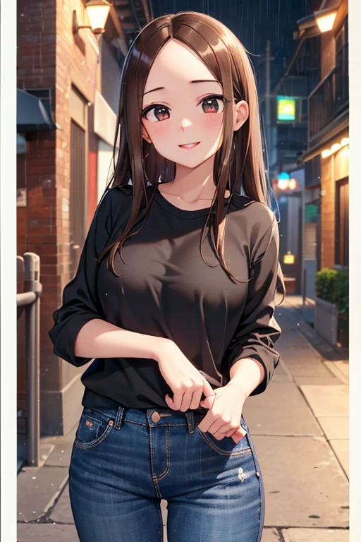 Takagi-san、Shiny brown hair, Long Hair,Forehead、Center part、 Beautiful brown eyes、smile、Sparkling eyes, (fine grain)、Very fine eye、Highly detailed face, Highly detailed eyes,
(masterpiece:1.3, Highest quality, 超High resolution, Super detailed), Cowboy Shot、 One woman,Highest quality, masterpiece, High resolution,
Back alley in heavy rain,Black crop shirt,Denim pants,
,(Princess face composition,Big eyes,Pointed lips,Red lipstick,Cute round face,見る人を幸せにするsmile,blush with embarrassment,blush,),(Bold Pose,(8K quality,Tabletop,Highest quality,超High resolution出力画像,),Intricate details,(Highly detailed raw photos:1.3),(Picture Mode Ultra HD),