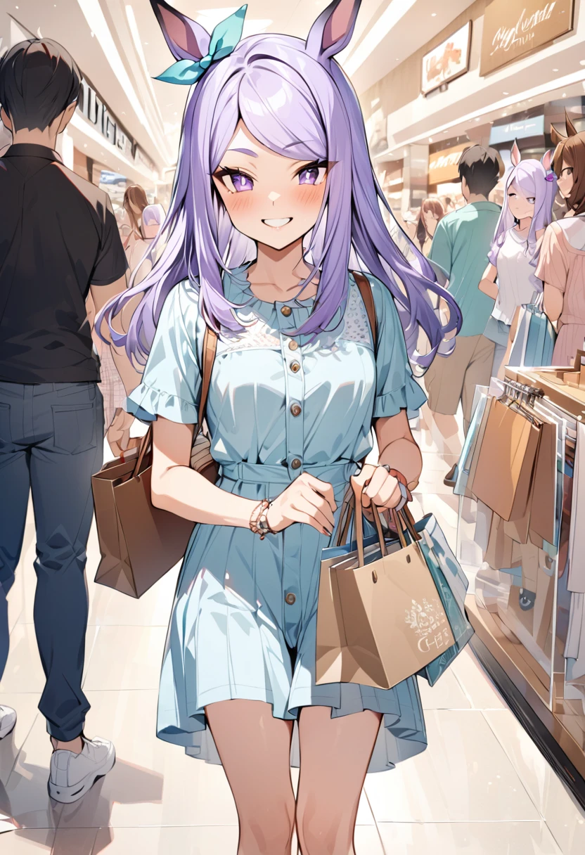 masterpiece、Highest quality、Depicted in detail、Mejiro McQueen\(umamusume\)、Summer casual outfit、Shopping mall、smile