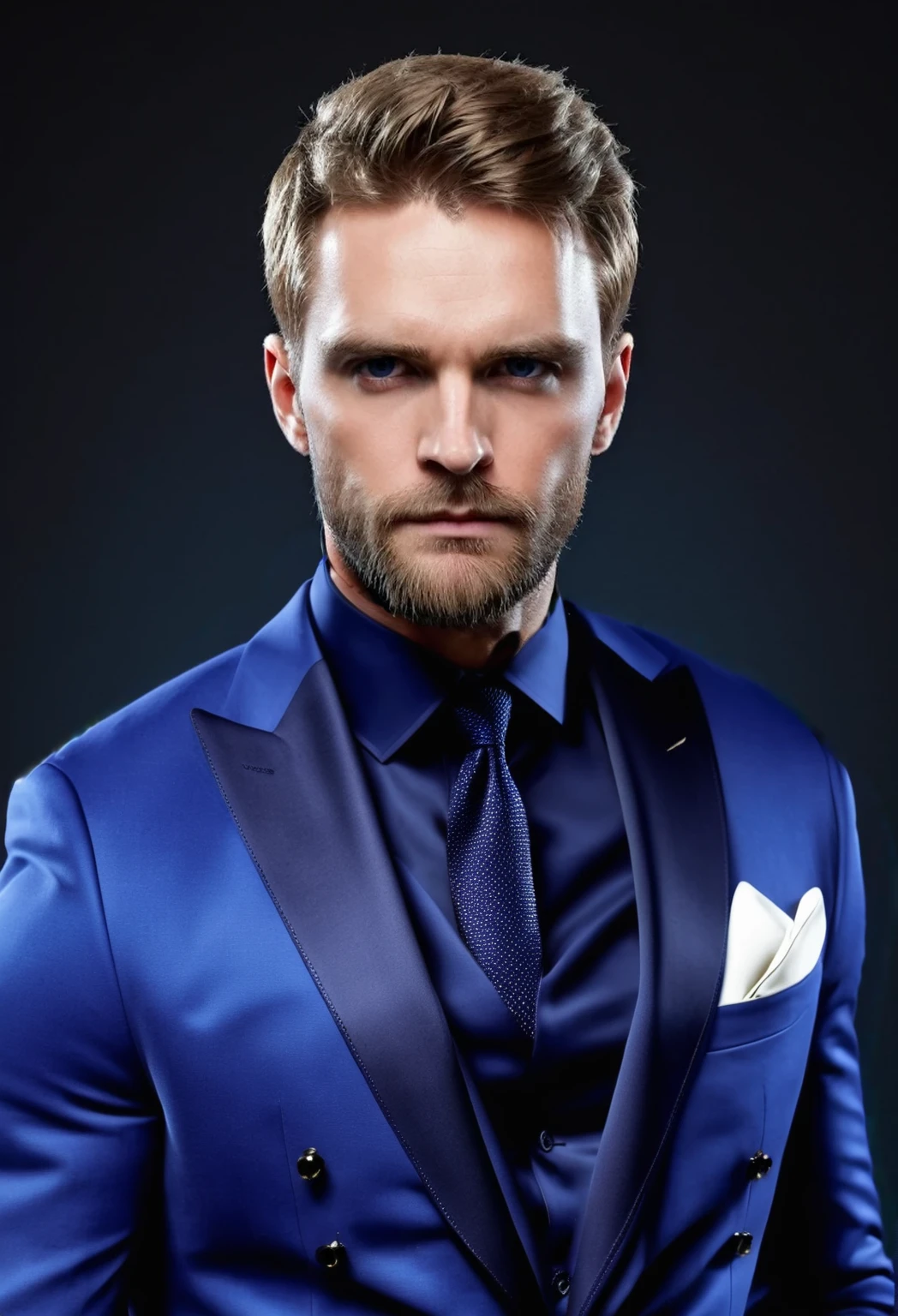 wearing white shirt with bright indigo suit, elegant, stylish, high quality, high details, bright colors, bright indigo suit, white shirt