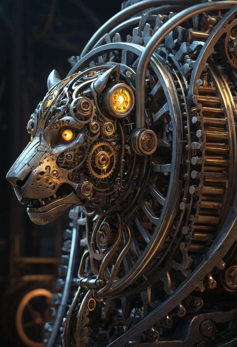 a highly detailed mechanical creature, gears, cogs, steel, industrial, fantasy, science fiction, cinematic lighting, dramatic shadows, intricate machinery, complex design, clockwork mechanisms, glowing energy core, futuristic technology, imposing presence, powerful and ominous, best quality, 8k, ultra-detailed, photorealistic, professional, stunning lighting, dramatic atmosphere, vibrant colors, concept art style