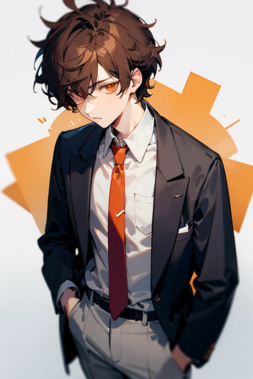  Brown hair, short messy hair, orange eyes. His  consists of a white button-down shirt, gray pants, and a red tie. He always wears a black jacket.