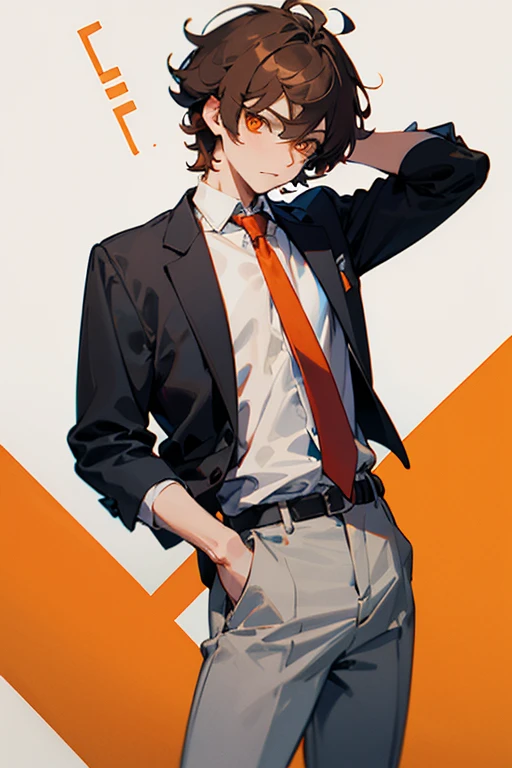 Brown hair, short messy hair, orange eyes. His consists of a white button-down shirt, gray pants, and a red tie. He always wears a black jacket.