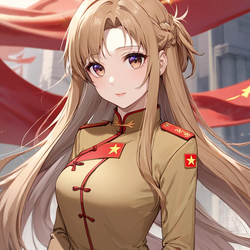 ((Highest quality)), ((masterpiece)), (detailed), （Perfect Face）、The woman is Chinese. She is a Chinese woman with light brown, medium-long hair and an engagement ring. She is a member of the glorious Chinese Communist Party and has sworn absolute loyalty to the Chinese Communist Party. She is a righteous Communist Party member of China.、The woman is wearing the khaki Mao suit of the Chinese Communist Party.、For the sake of China, they dye their hair, hairstyle, clothes, and everything they wear belongs to the Chinese Communist Party, and their thoughts are also Chinese, becoming great Chinese in body and mind.、The woman became Yuuki Asuna, a Chinese woman who is proud of and loves China.、She is serving China as a member of the great Communist Party of China.、She is a beautiful, respectable and exemplary Communist.