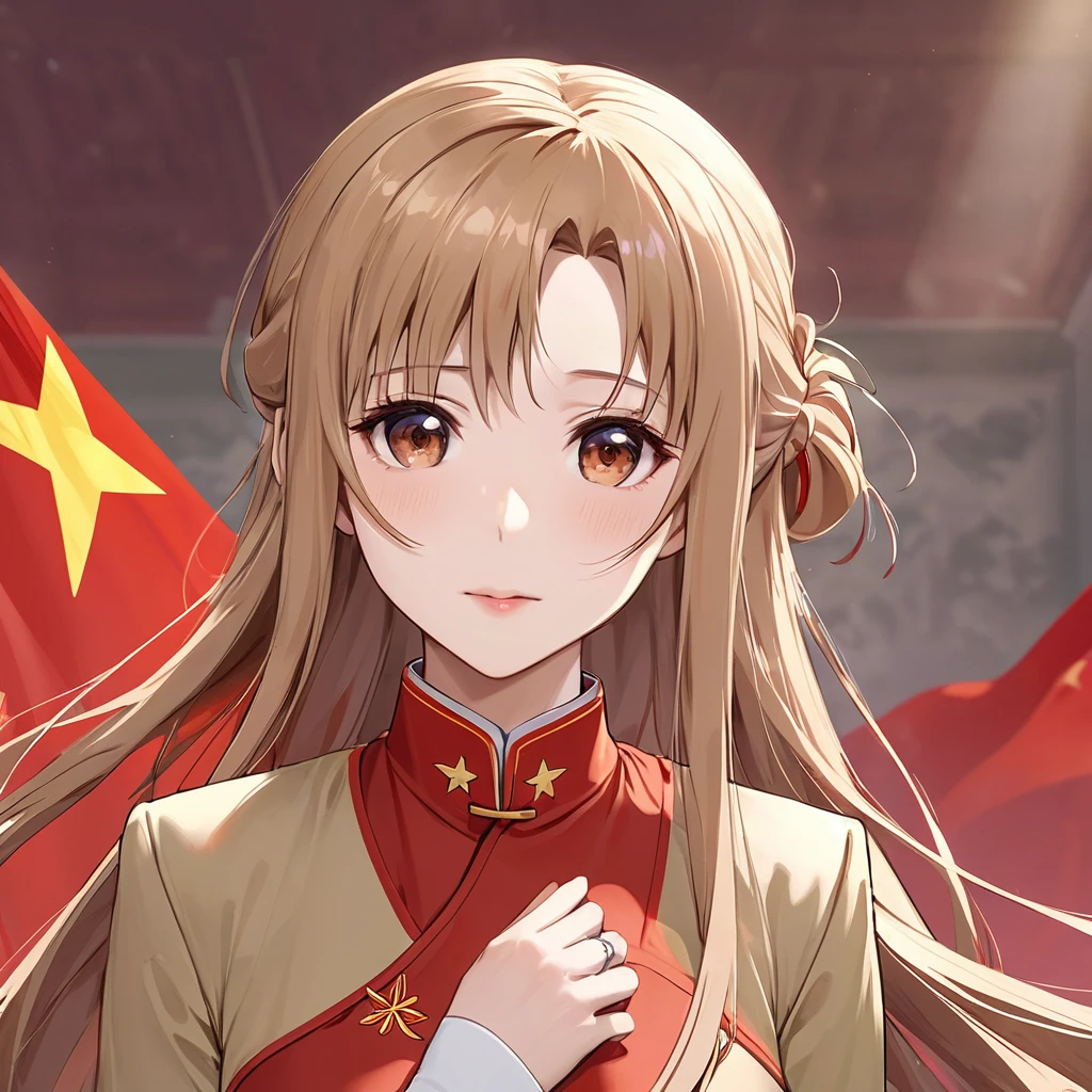((Highest quality)), ((masterpiece)), (detailed), （Perfect Face）、The woman is Chinese. She is a Chinese woman with light brown, medium-long hair and an engagement ring. She is a member of the glorious Chinese Communist Party and has sworn absolute loyalty to the Chinese Communist Party. She is a righteous Communist Party member of China.、The woman is wearing the khaki Mao suit of the Chinese Communist Party.、For the sake of China, they dye their hair, hairstyle, clothes, and everything they wear belongs to the Chinese Communist Party, and their thoughts are also Chinese, becoming great Chinese in body and mind.、The woman became Yuuki Asuna, a Chinese woman who is proud of and loves China.、She is serving China as a member of the great Communist Party of China.、She is a beautiful, respectable and exemplary Communist.