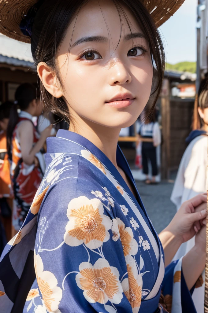 Ultra-realistic capture, Highly detailed, High resolution 16k close-up of human skin. Skin texture must be natural, With such detail that pores can be finely identified, Skin should look healthy, In a uniform tone, Use natural light and color, photo realistic, Full Body Shot, full body, pale skin, yukata:1.2, geta:1.2, Yukata, summer festival, Sunset, Luminous Carnival