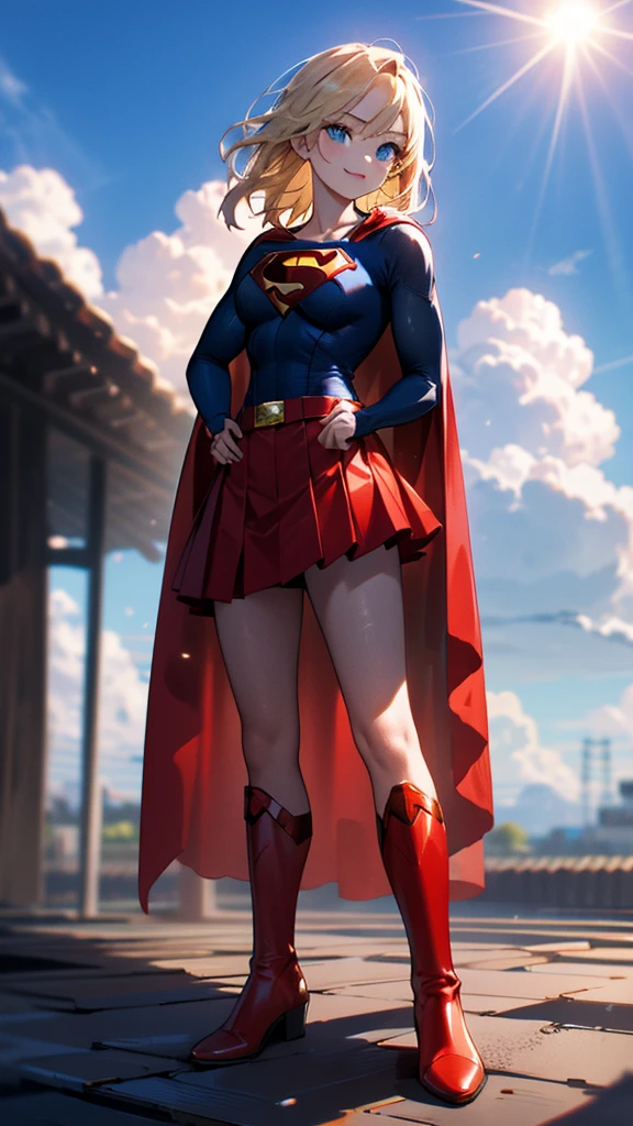 masterpiece, 4K, 8k, high quality, Very detailed, Detailed face, High resolution, Vibrant colors, Natural light, Best Shadow, Shallow depth of field, Portraiture (Supergirl:1.1) standing on a roof, smile, Red Skirt, Red Cape, red boots with heels, delicate, Captivating blue eyes, Nice medium sized breasts, blonde, (Superman symbol on chest:1.2), barefoot, blue sky, sunlight, cloud, sun, bloom,Strike a Pose,A bold stance