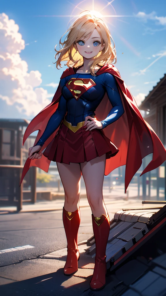 masterpiece, 4K, 8k, high quality, Very detailed, Detailed face, High resolution, Vibrant colors, Natural light, Best Shadow, Shallow depth of field, Portraiture (Supergirl:1.1) standing on a roof, smile, Red Skirt, Red Cape, red boots with heels, delicate, Captivating blue eyes, Nice medium sized breasts, blonde, (Superman symbol on chest:1.2), barefoot, blue sky, sunlight, cloud, sun, bloom,Strike a Pose，A bold stance